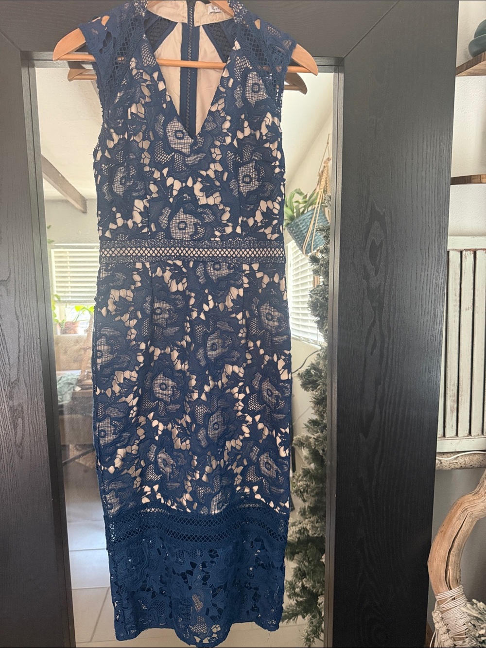Nordstrom Navy Lace Midi Dress with Nude Lining